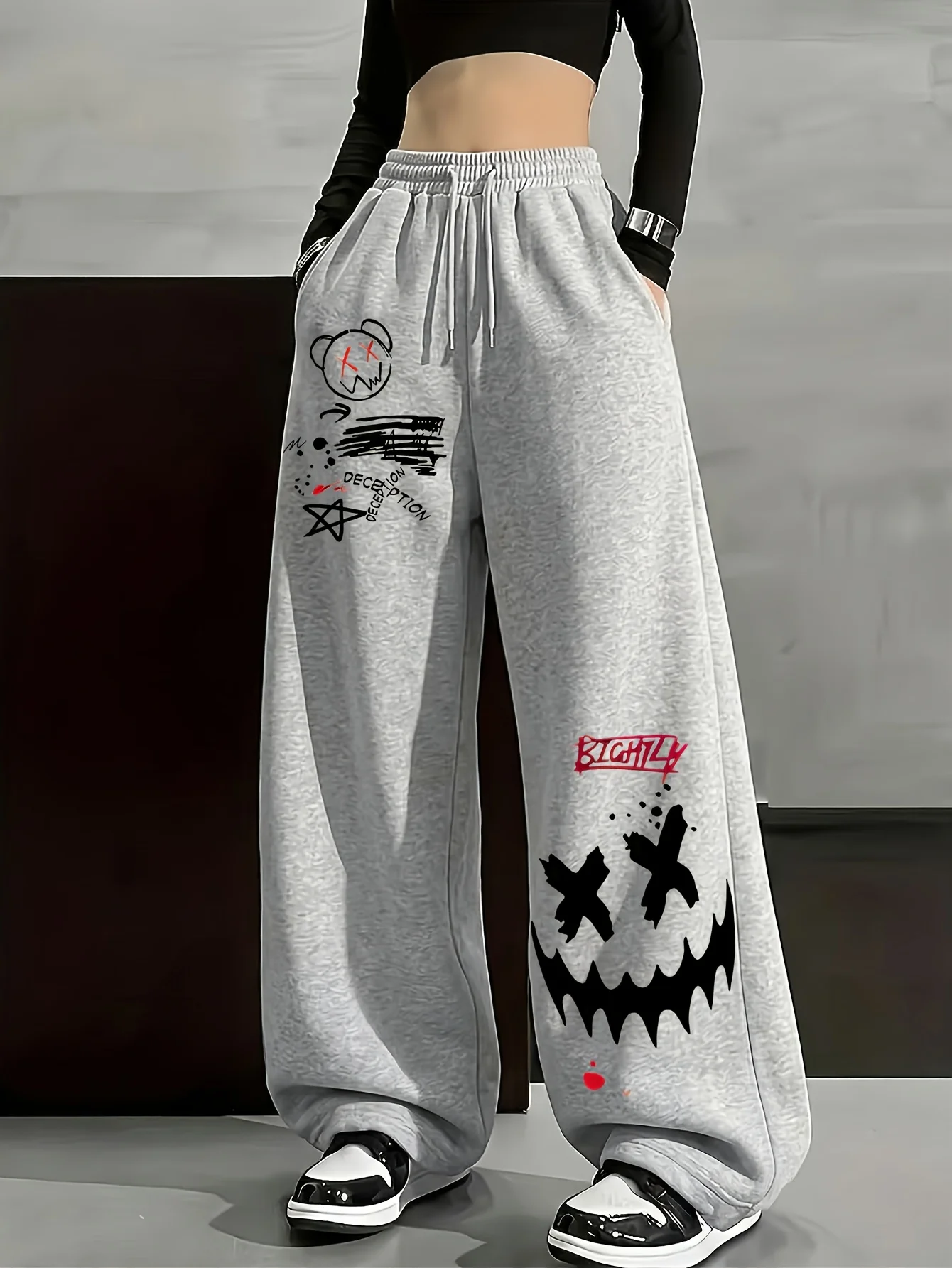 Gothic Graffiti Smiley Wide Leg Sports Pants Women's Printed Drawstring Street Trendy Pants