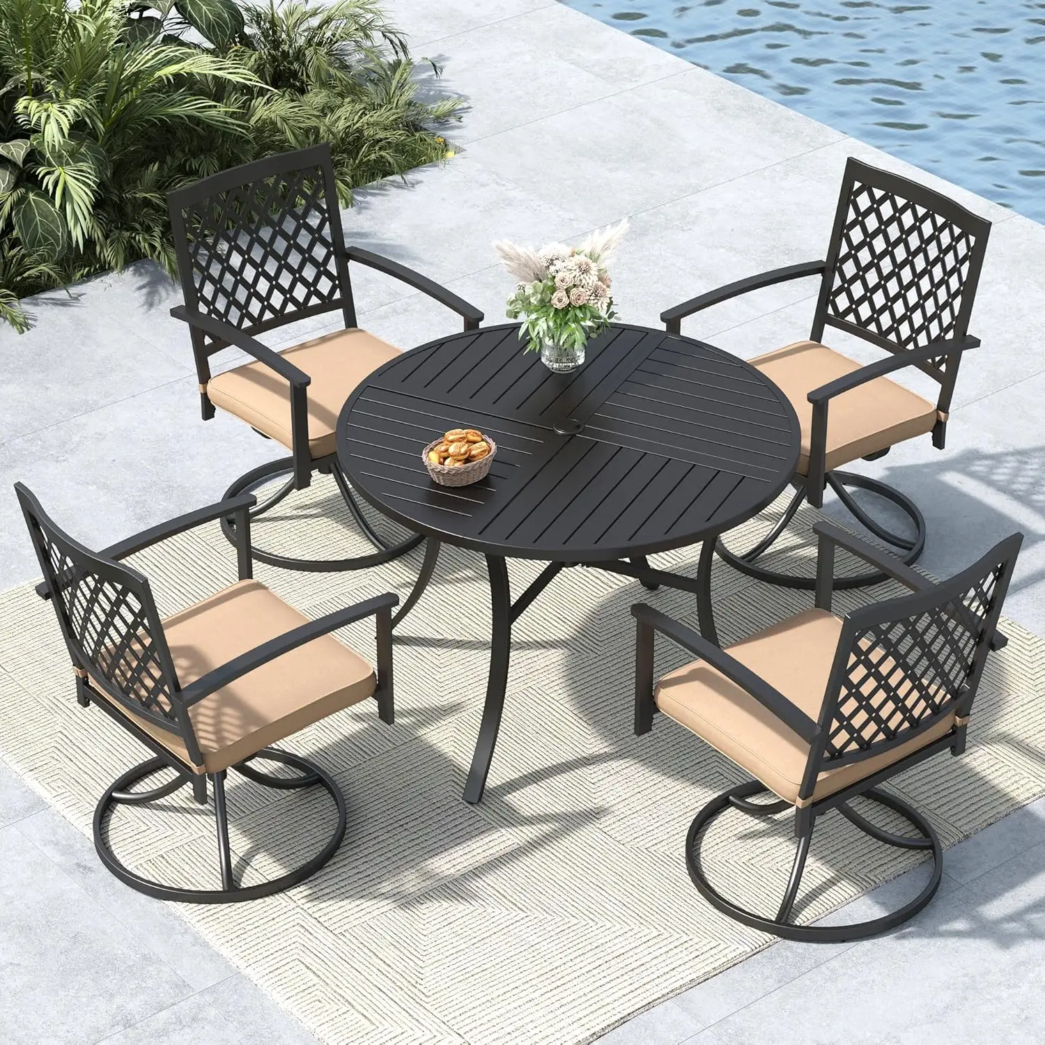 

Круглый металлический обеденный комплект для патио с отверстием для зонта, 5 предметов: стол и стулья для улицы, для двора, у бассейна, на заказ