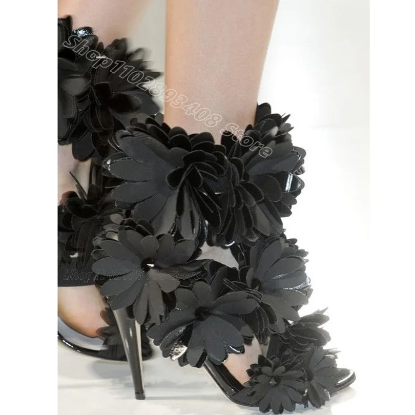 

Black Flower Decor Open Toe Sandals Solid Elegant Stiletto Fashion British Style Dress Party Women Sandals Zapatos Para Mujere