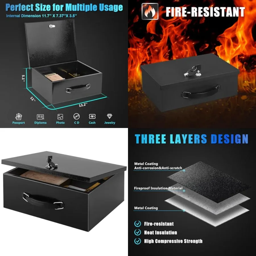 

Fire Resistant Safe Fire Safe Box with Key Lock for Home Office Security Storage for Valuables Documents, 13.2"x 11"x 5.1" Inch