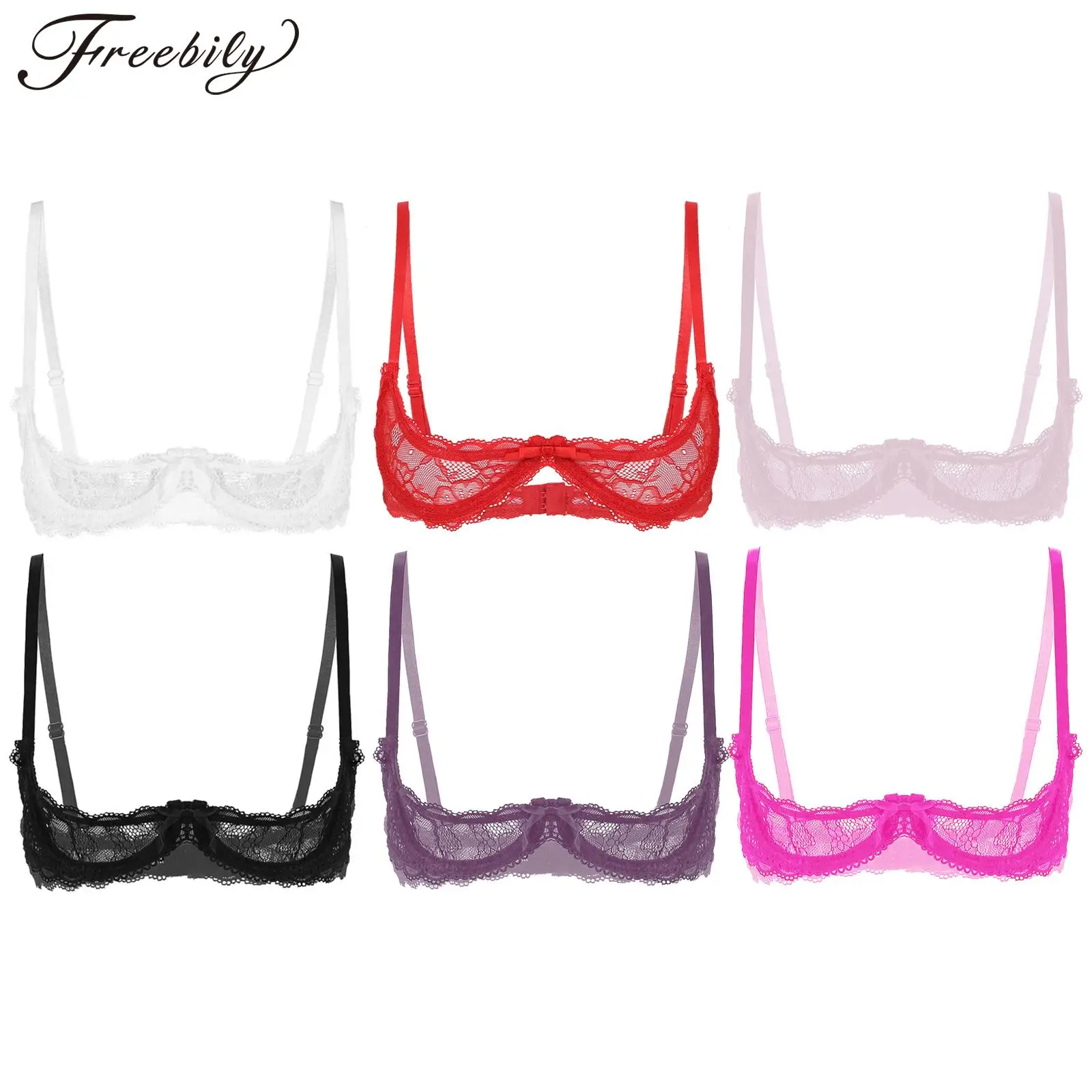 Womens Sexy Lace Bra Tops Brassiere See Through Sheer Spaghetti Straps 1/4 Cups Push Up Underwire Bralette Underwear Lingerie