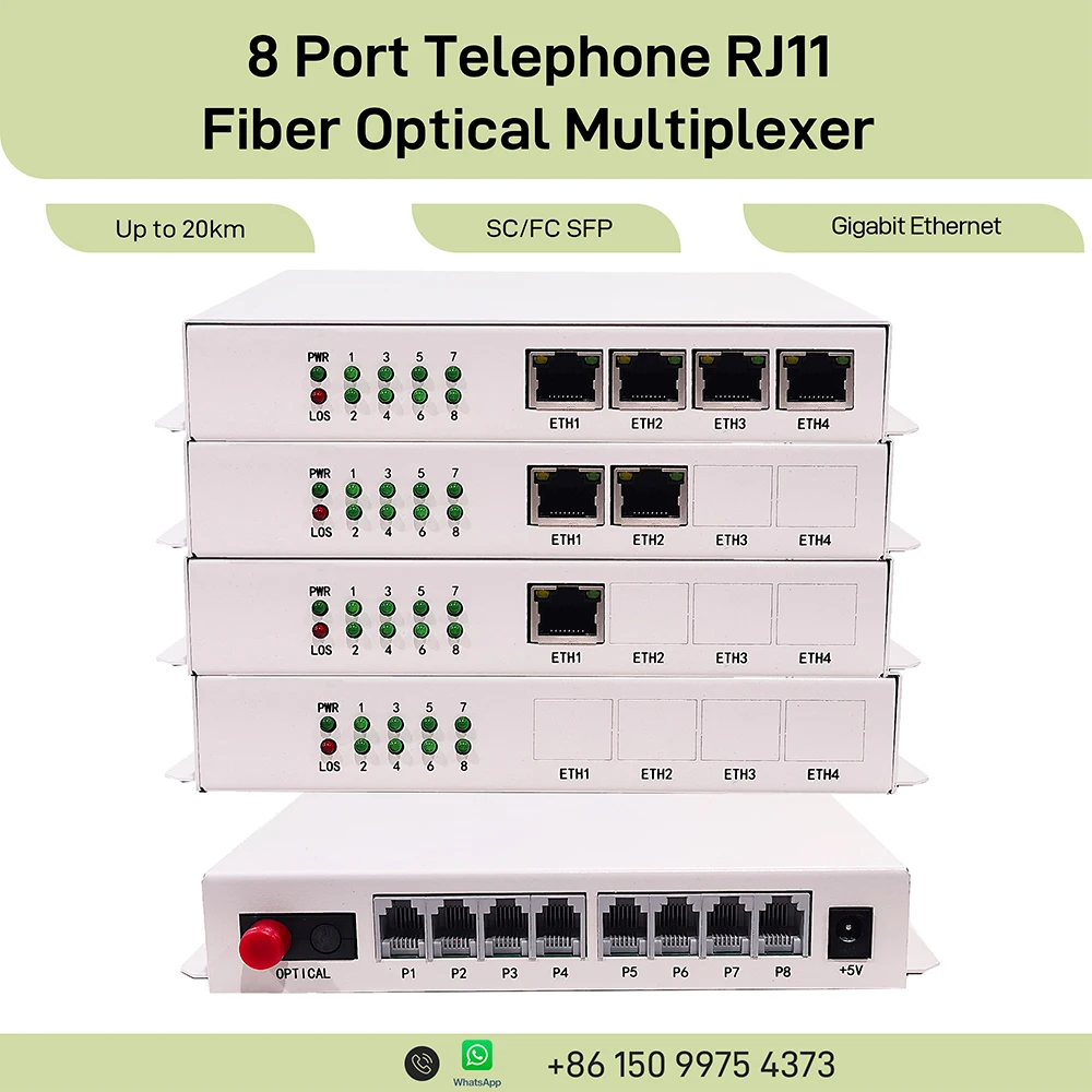8 Port RJ11 FXS Phone over Fiber Optical Multiplexer 20KM Fast & Gigabit Ethernet Physical Isolated Network