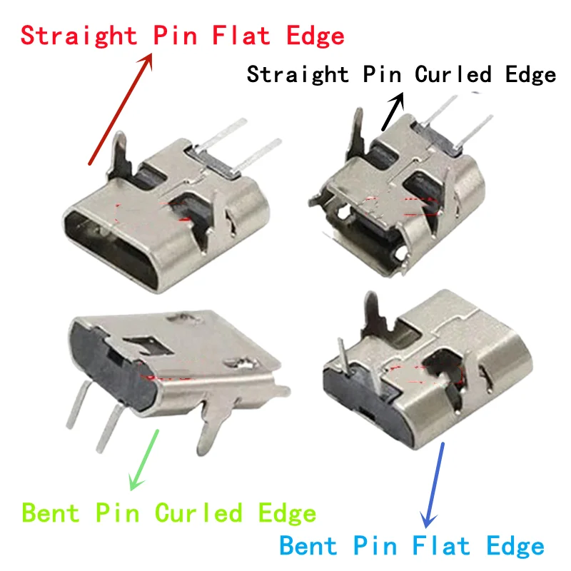 50PCS Micro USB 2-Pin Female Connector (V8 Android Micro USB Tail Plug), 90° Bent Pin / 180° Straight Pin, Charging Socket