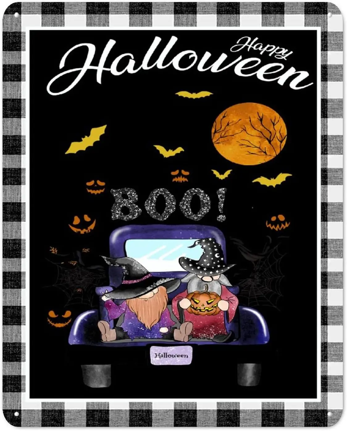 Happy Halloween Pumpkin Gnome Truck Wreath Metal Sign Moon Bat Boo Purple Grimace Tin  Farmhous