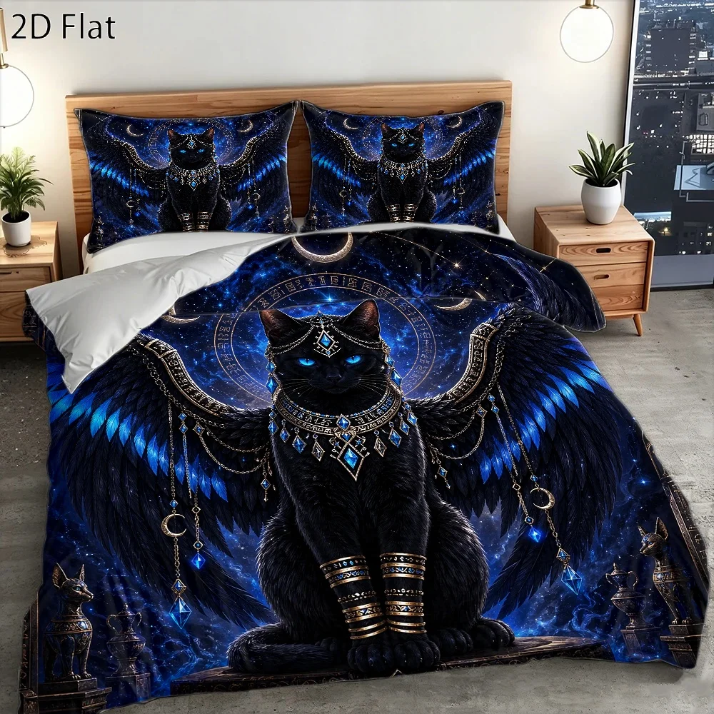3-Piece Mysterious Egyptian Style Black Cat Wings Starry Sky Duvet Cover Set, Three-Piece Bedding Set (1 Duvet Cover + 2 Pillowcases), Suitable for All Seasons, Machine Washable, Invisible Zipper, Large Double Bed Cover, Suitable for Home, Dormitory, Master Bedroom, Guest Room, Vintage Exotic Style Blue Diamond Embellished Cat Bedding, Dreamy Cosmic Totem Bedding, Light Luxury Black and Gold Winged Cat Bed Cover Set, Egyptian God Element Bed Sheet Set, Foreign Trade Hot-Selling Mysterious Starry Sky Cat Duvet Cover Set