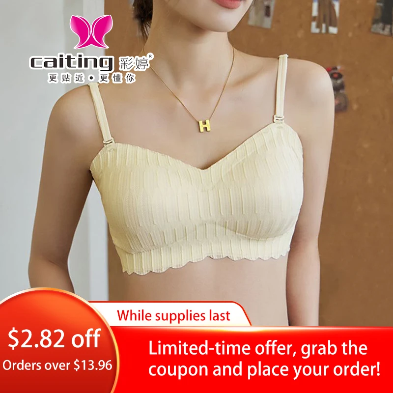 

CAITING Seamless Wire Free Lace Sexy bra with detachable shoulder straps Adjustable Small Sling Underwear Cup Gathered Design