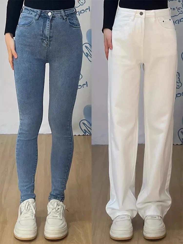 

Женские джинсы с высокой талией и широкими штанинами, белые, повседневные, весенние, новые, свободные, струящиеся, стройнящие, в пол, из денима