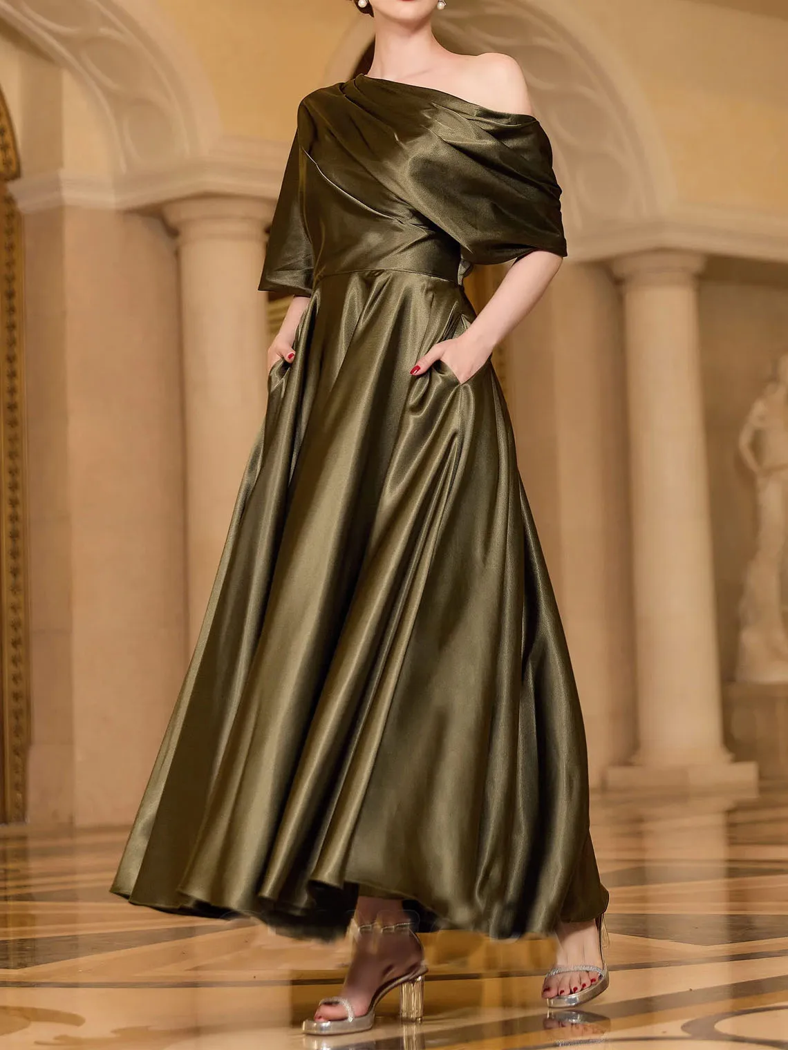 

Elegant One-Shoulder Short Sleeve Satin A-Line Wedding Guest Dress with Ruffles Ankle-Length Formal Gown 2025 Free Customized