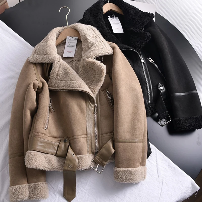 Winter Vintage Suede Lamb Short Jacket Women Thick Warm Moto Bike Black Coat Female Sashes Faux Leather Jacket Outwear with Belt