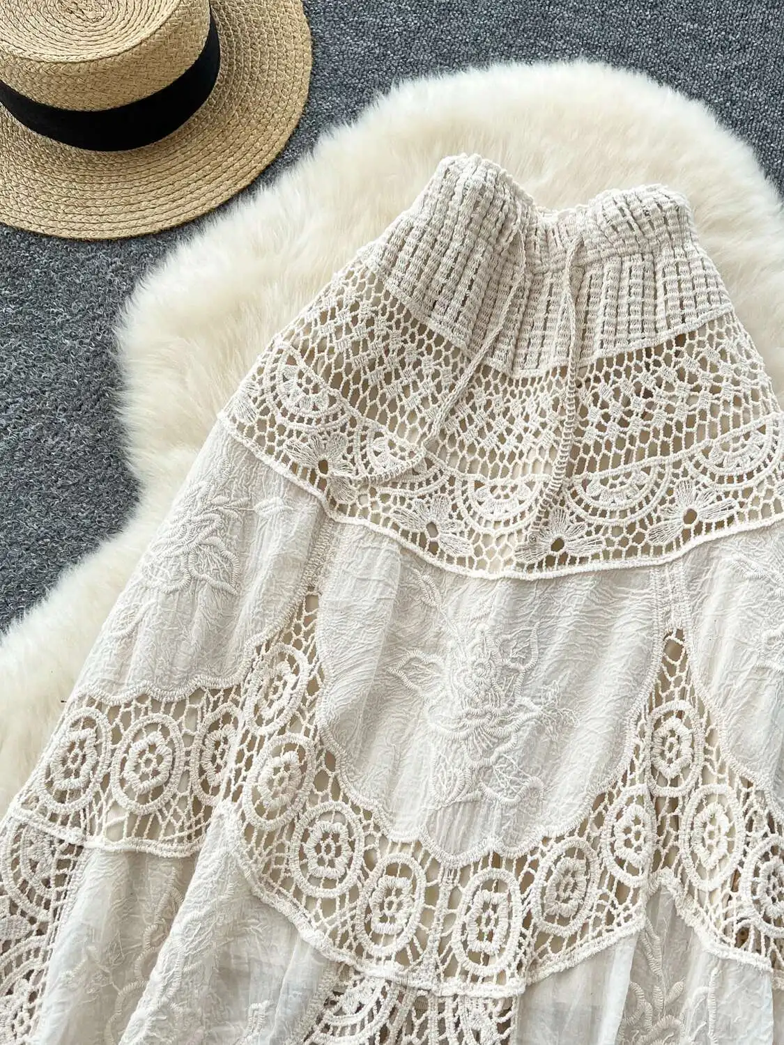 Summer Beach Long Skirts Women Hollow Hook Flower Embroidered Skirs Vintage High Waisted A-line Mid Length Skirt