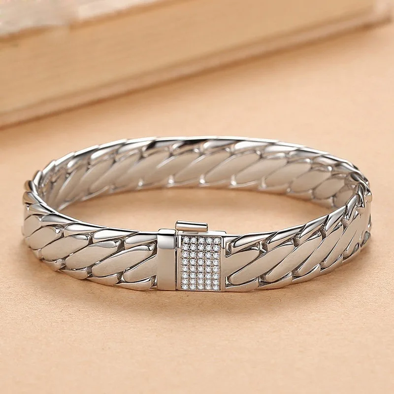 Vintage Luxury Silver Plated Zircon Inlaid Cuban Link Bracelet, Hand Carved Punk Hip Hop Unisex High-end Wristband Jewelry Gift