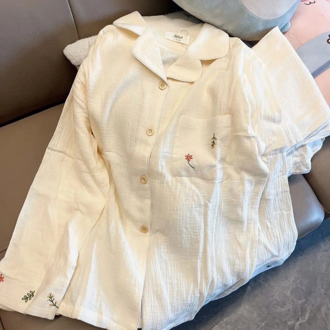 

Embroidered Long Sve irt Set for Women Casual Comfortable Home Wear Two Piece Suit Autumn Season Regular Thin