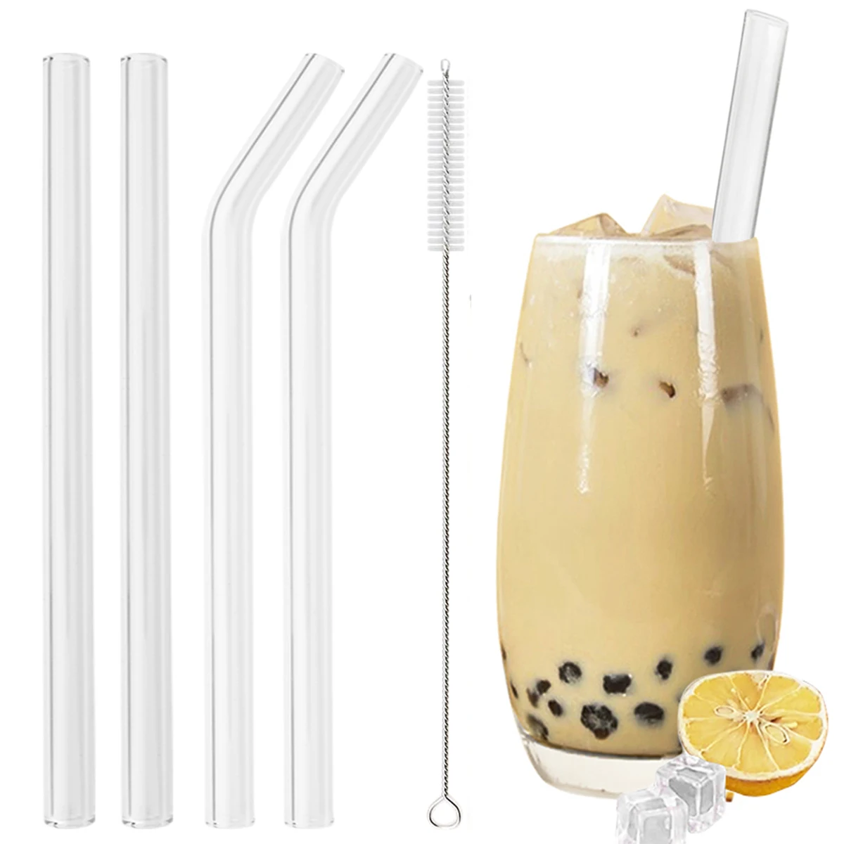 6pcs Reusable High Borosilicate Glass Straw Set Wide 12mm Pearl Milkshake Bubble Tea Straw with Brush Storage Bag Bar Accessorie