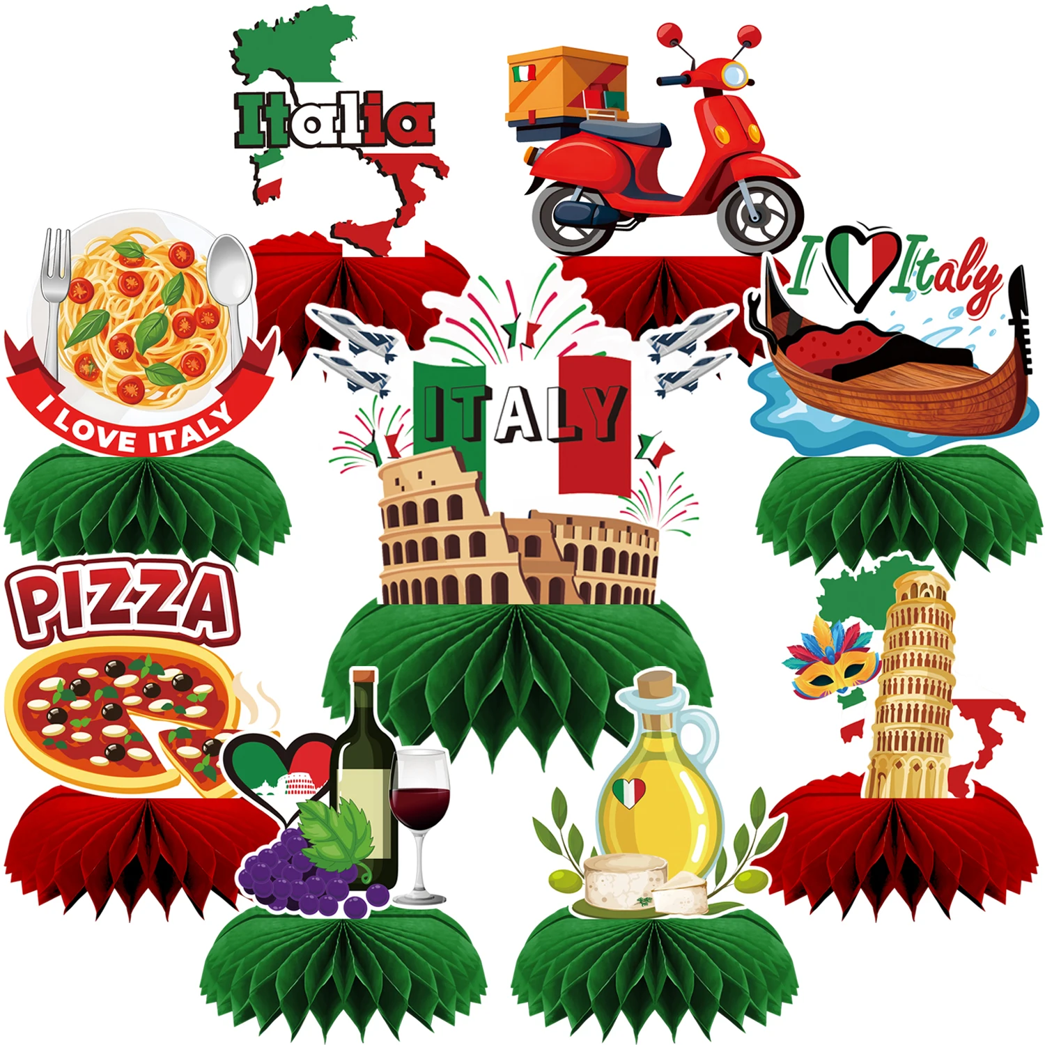 9 Piezas de Decoración para Fiestas Italianas, Decoración de Mesa con Diseño de Panal, Banderas Rojas, Blancas y Verdes, Decoración de Cumpleaños de Carnaval de Venecia