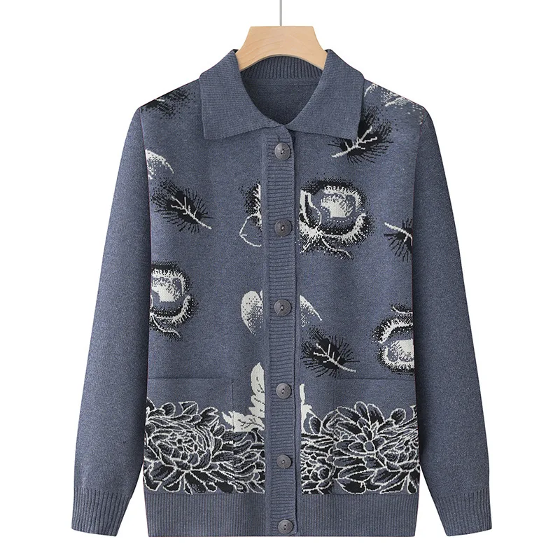

Весенне-осенний женский свитер, кардиган, куртка, новый вязаный кардиган с лацканами и длинными рукавами, свободная тонкая одежда для пожилых женщин среднего возраста