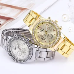 Geneva-Reloj clásico de acero inoxidable para mujer, pulsera de cuarzo con diamantes de imitación a la moda, color dorado