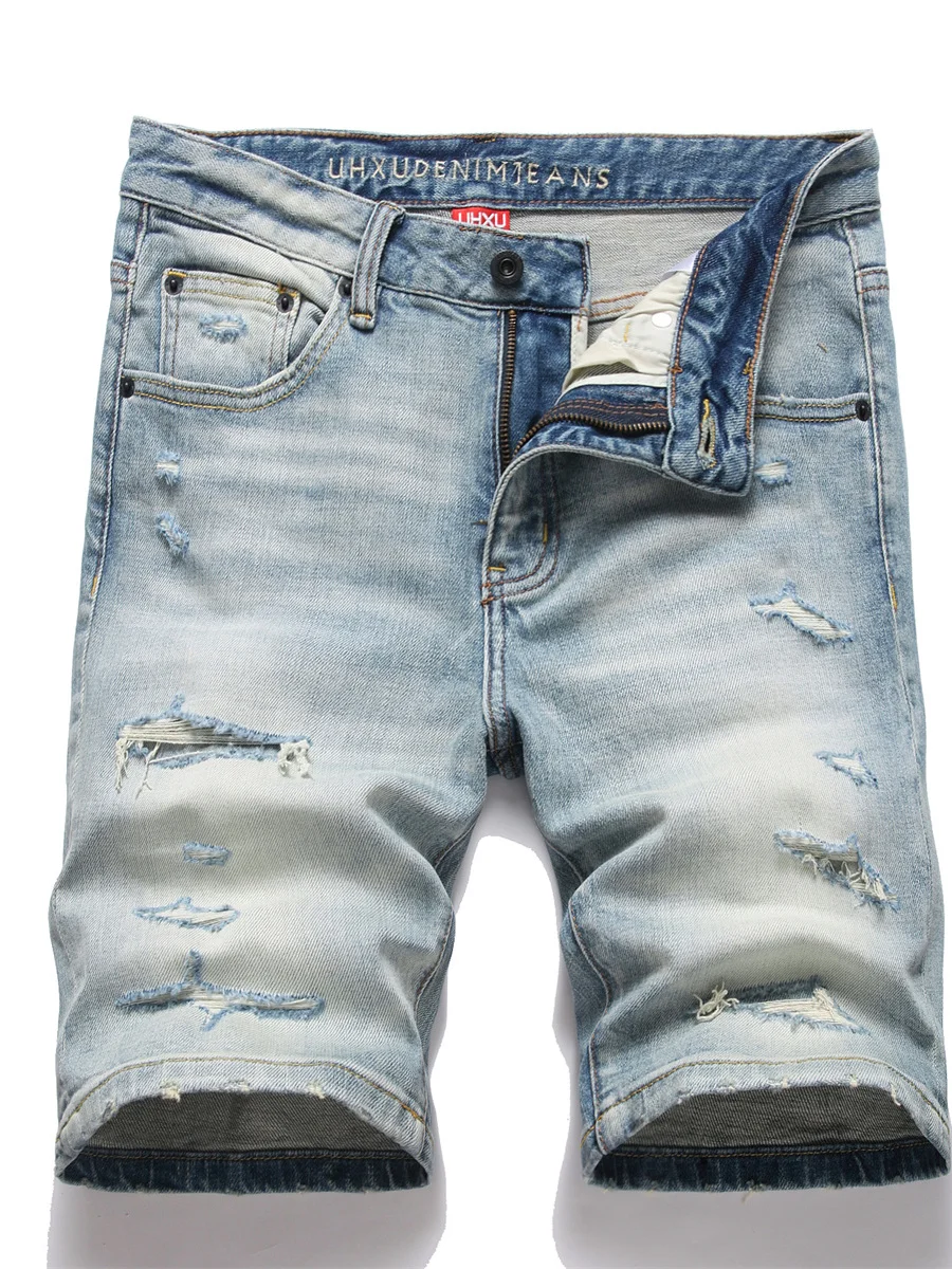 

Ripped Patch Jeans orts Men Summer Thin Five-Point Slim Straight American High Street Casual Jeans mid Waist Cotton S...