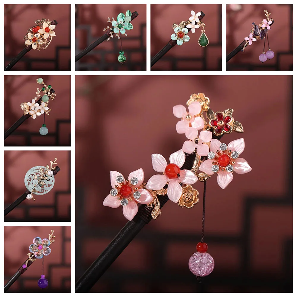Chinese Flower Hair Sticks Ancient Style with Tassel Hanfu Hair Fork Party Hair Bun Handmade Hair Stick Pins for Hanfu