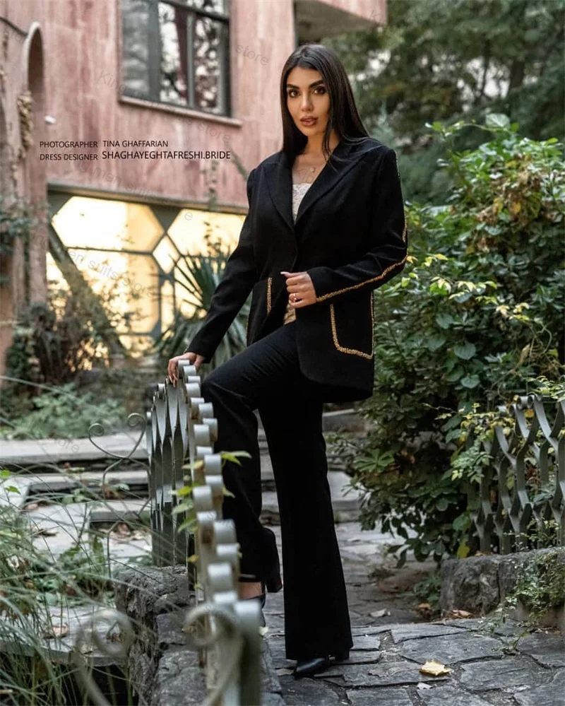 Conjunto de traje de 2 piezas con cuentas para mujer, Blazer + Pantalones, ropa de trabajo de negocios, abrigo Formal de oficina, chaqueta a medida, negro, lujo