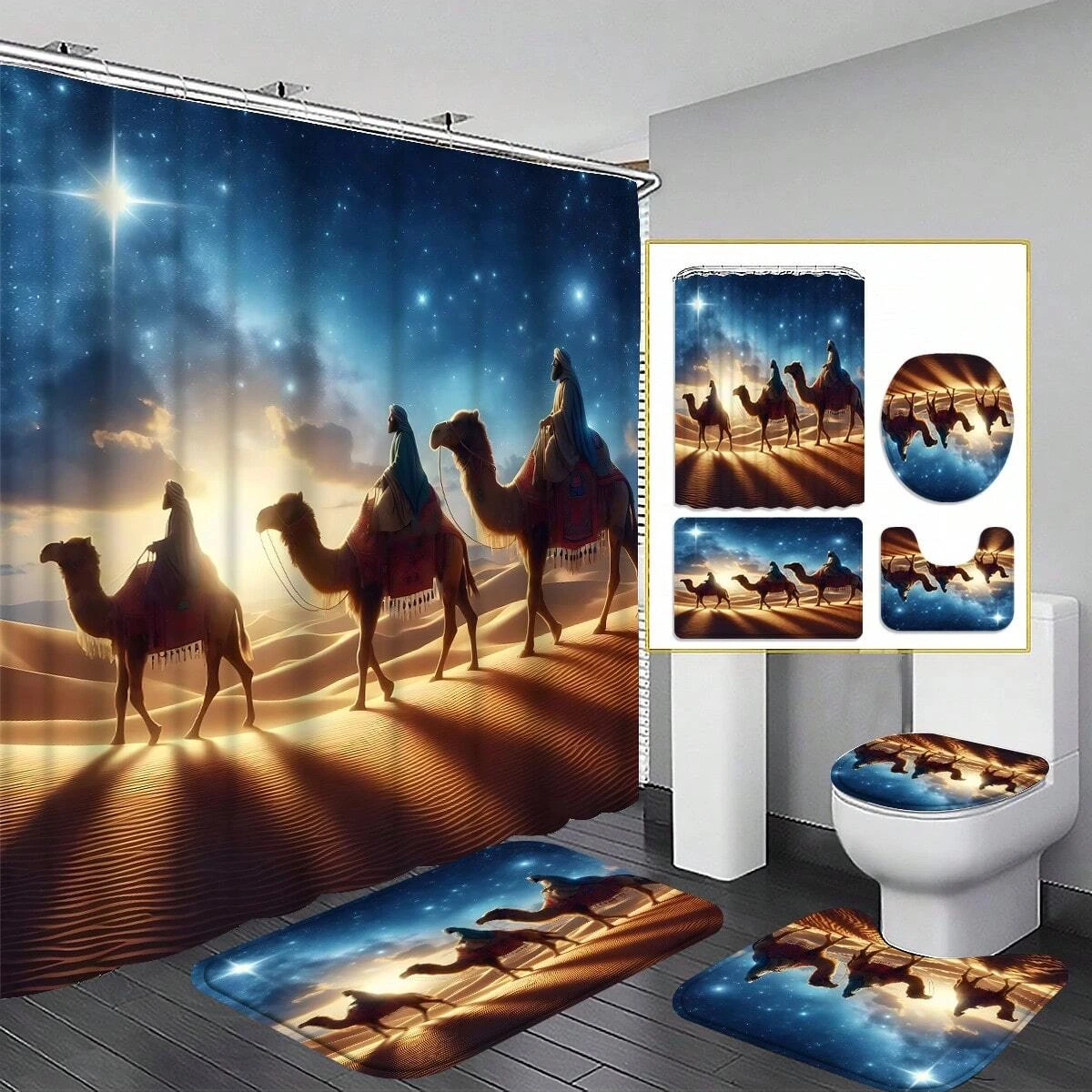 4pcs Desert Galaxy Camel Pattern Bathroom Set, Waterproof Fabric Shower Curtain With 12 Hooks, Non-Slip Bath Mat, Bathroom Decor