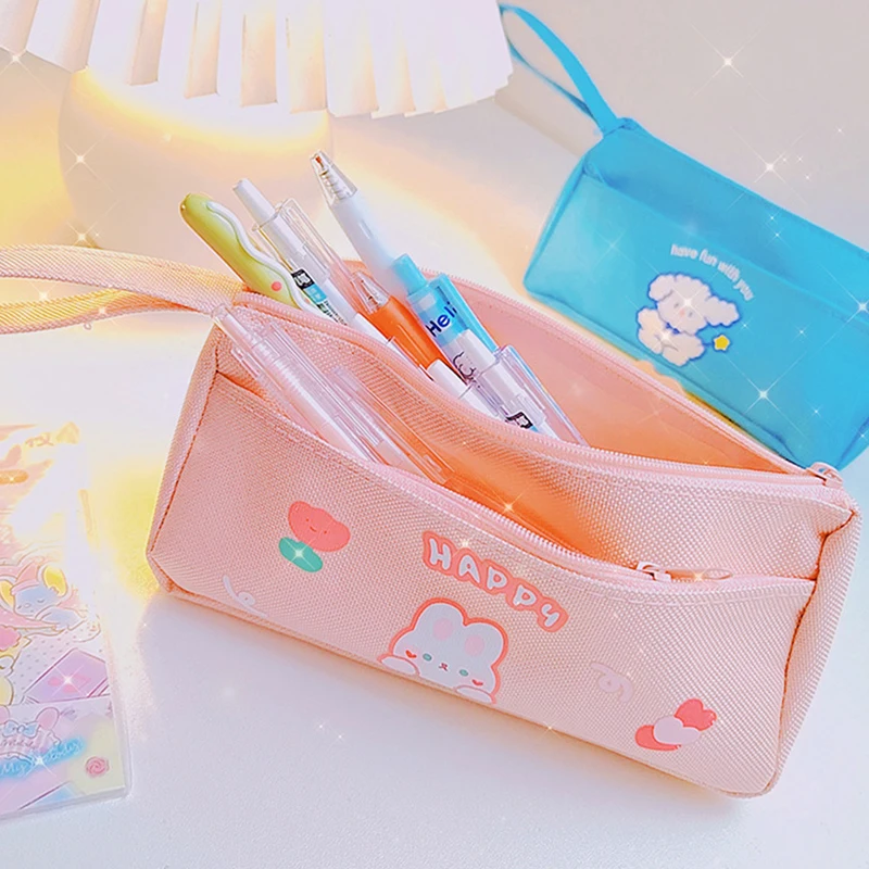 Candy Color Rabbit Print Canvas Pen Bag Happy Fun Animal Pattern Pen Pouch Students Writing Supplies