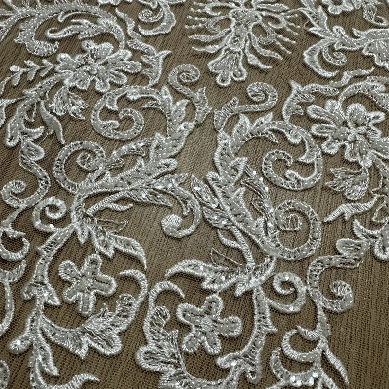 Vantage High Quality low price Heavy Bead Sequins Ivory Tulle Embroidery Garment Bridal Dress Wedding Dress Lace Fabric 1 Yard