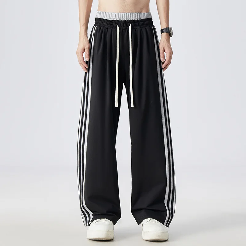 بنطلون رجالي كاجوال مخطط رياضي واسع الساق بخصر متوسط وقصة مستقيمة مريحة للارتداء اليومي