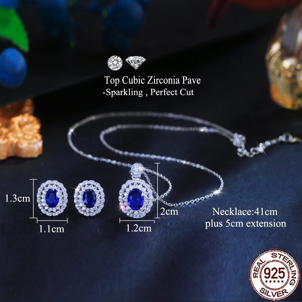 QooLady Luxury Oval Blue CZ Jewelry Set 925 Sterling Silver Hollow‑out Necklace Earrings Bridal Wedding Party Fine Jewelry ST066