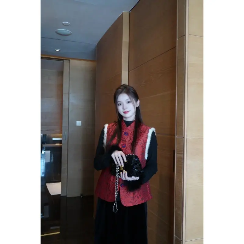 

New Year Chinese Sle Vest Heavy Industry Regular Pattern Straight Collar Floral Print Versatile Women's Outerwear Jaet