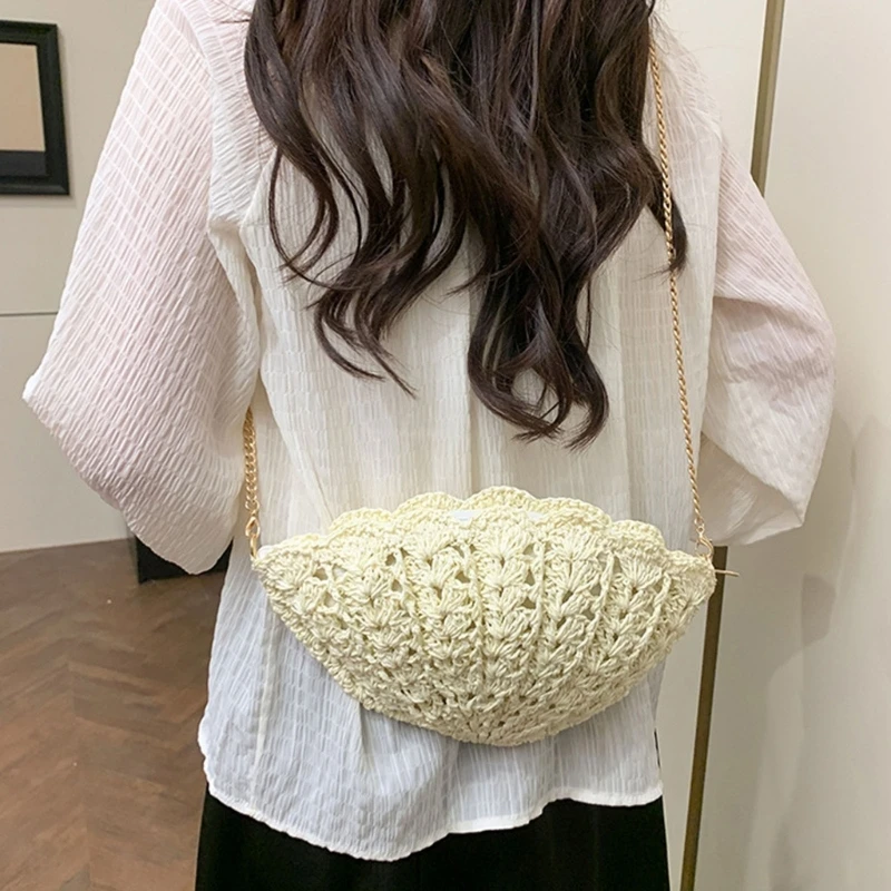 340D Women Crochet Shoulder Bag Handmade Straw Woven Beach Crossbody Handbag Satchel Purse for Summer