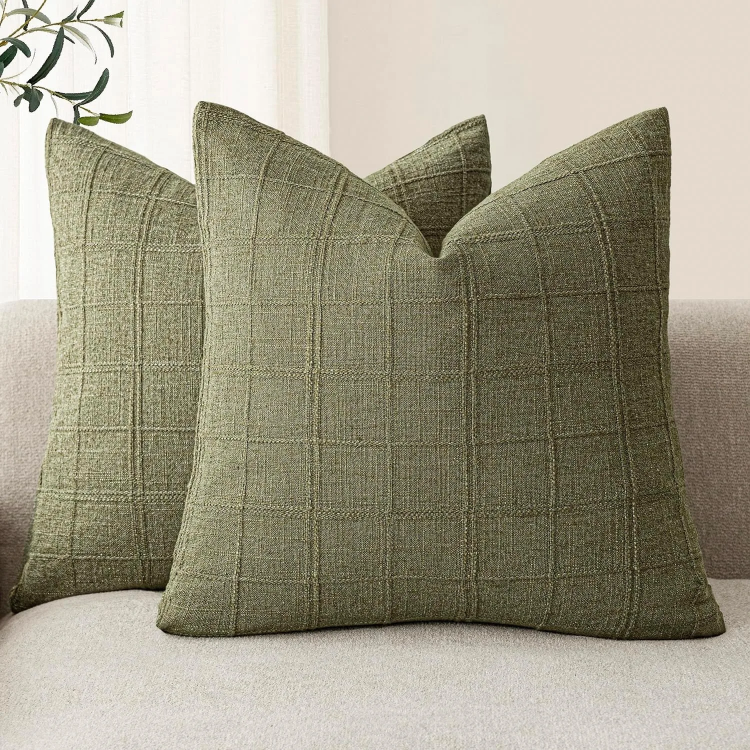 Vintage Linen Check Decorative Pillow Covers Living Room Sofa Bedroom  Cushions  Covers  Sage Green 45X45CM Pillow Covers
