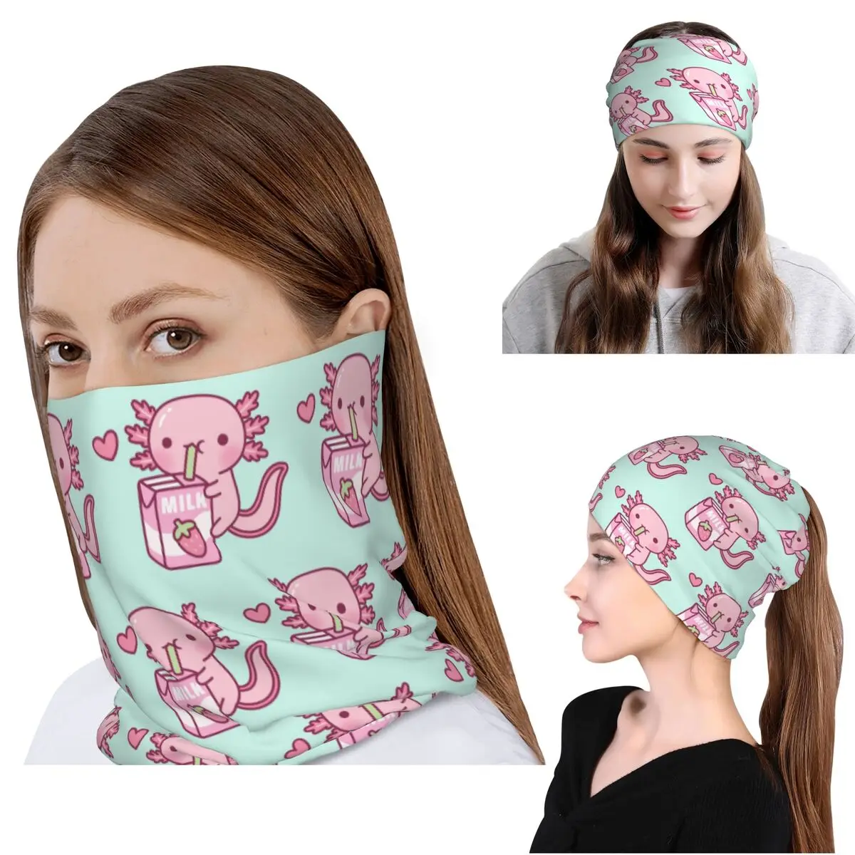 Axolotl Loves Strawberry Milk Doodle Bandana Halstuch, Gesichtsschal, Mehrzweck-Stirnband, Mütze für Männer und Frauen, winddicht