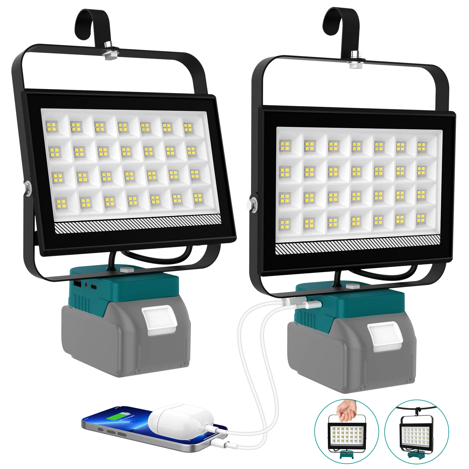 60W/100W 6000K Work Light With Hook Handheld Emergency Camping Rechargeable Flood Light for Makita