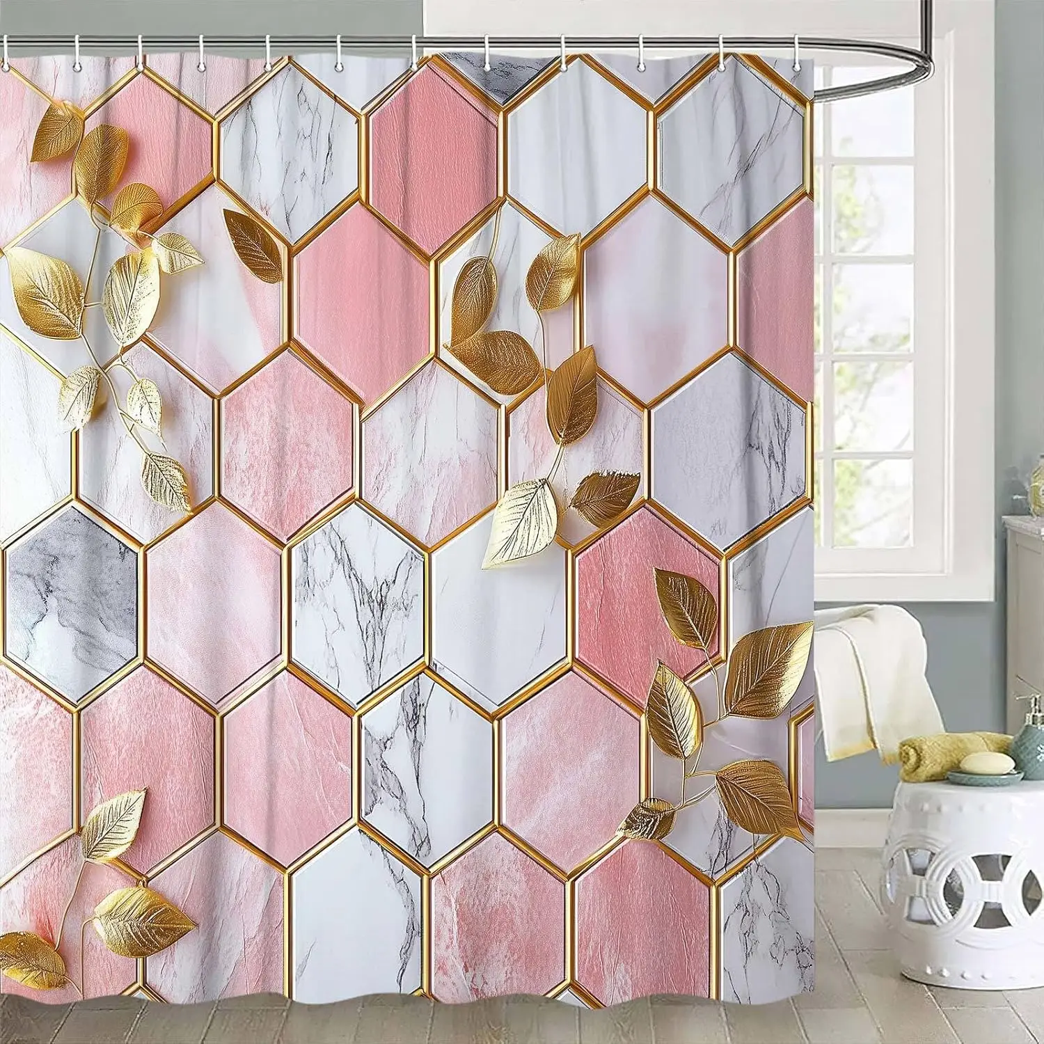 

Pink Hexagon Marble Shower Curtain with Gold Leaf Accents Geometric Design for Elegant Bathroom