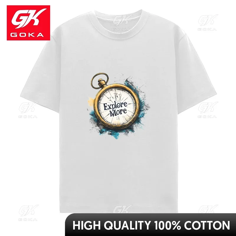 Men's and Women's Cotton T-shirt Vintage Pocket Watch Clock Personality Pattern Printed Short Sleeve Top Hip Hop Cool Unisex Tee