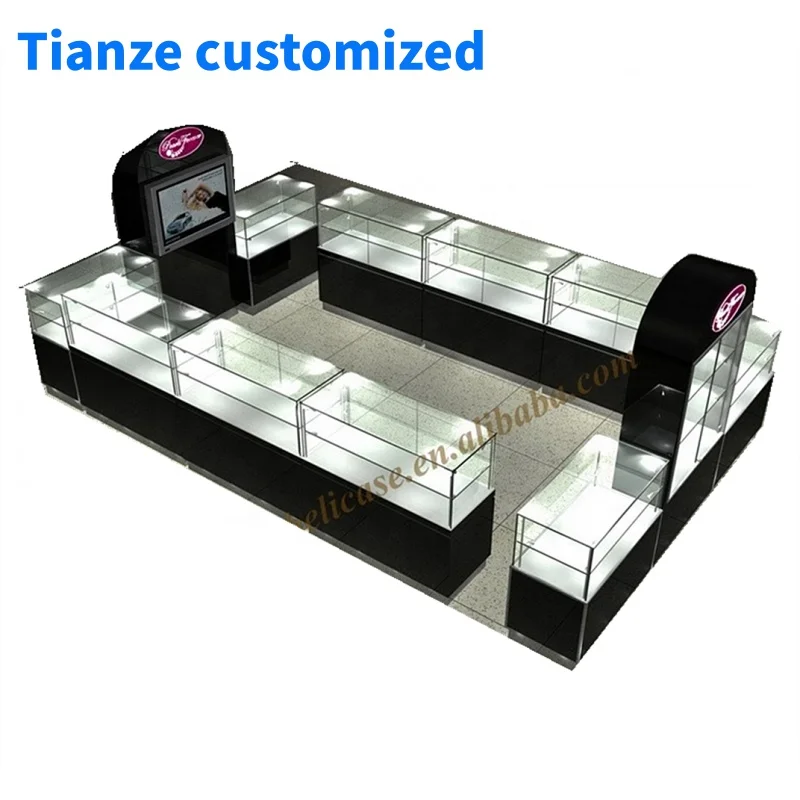 

（customized）Glass Jewelry display island jewellery kiosk mall wooden perfume kiosk with light mall kiosk design idea