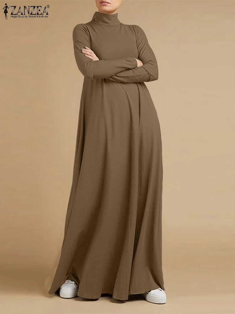 Vintage Autumn Solid Long Dress Women\'s Turtleneck Sundress 2023 ZANZEA Casual Long Sleeve Maxi Vestidos Female Holiday Robe