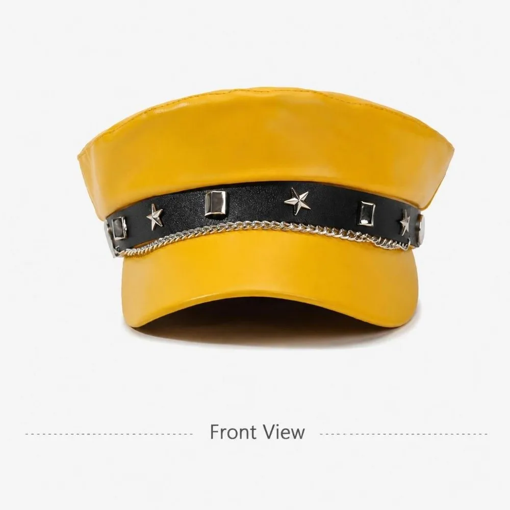 Korean Style PU Leather Newsboy Hat Metal Chain Decor Star Strap Flat Top Cap Solid Color Casual Beret Hat For Women