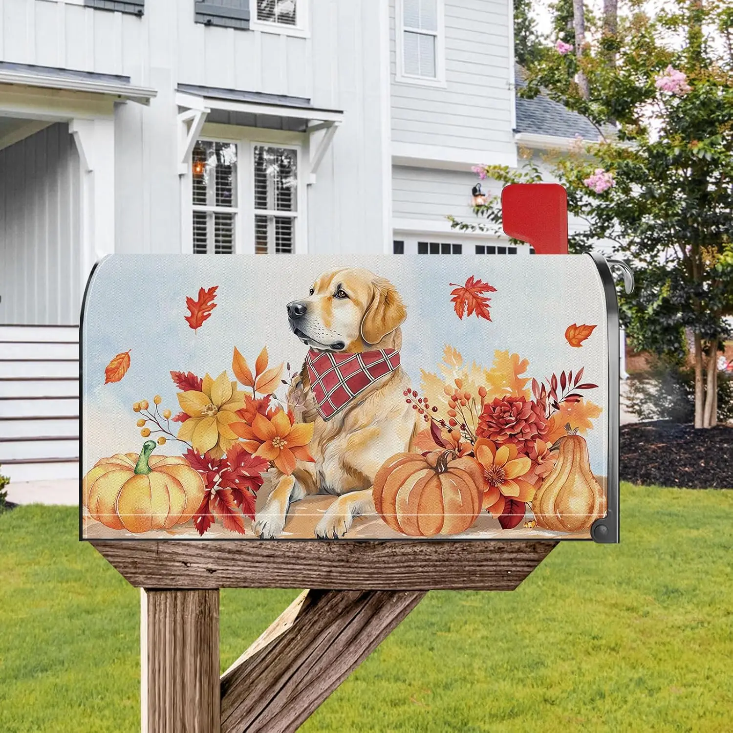 Fall Golden Retriever Pumpkin Mailbox Cover Magnetic Standard Size 21x18 Inch Fall Autumn Dog Decorative Post Letter Box Wrap De