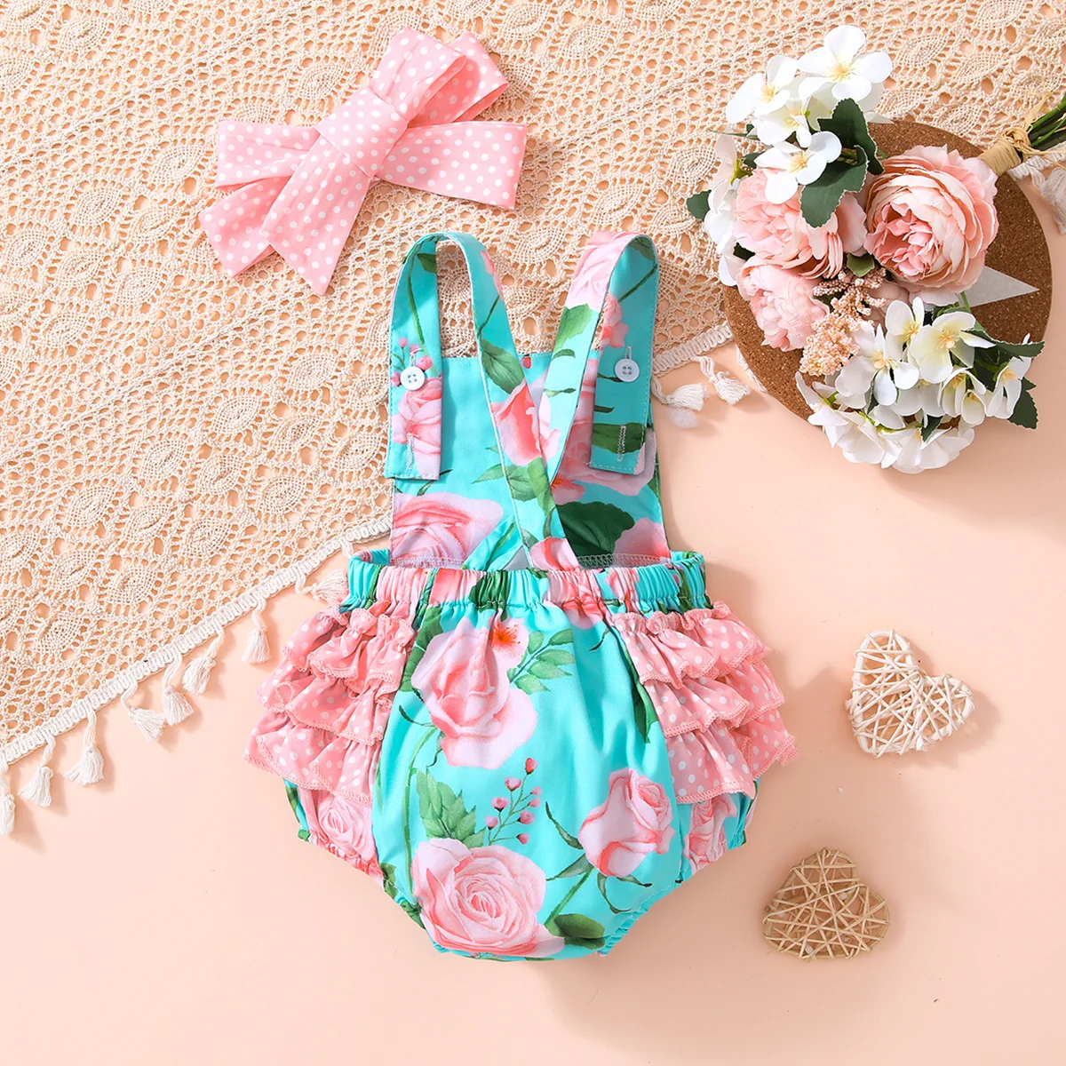 Baby Summer Rose Print Halter Onesie Girl Fresh Breathable Triangle Romper with Polka Dot Headband 1 Month 100 Days Photo Outfit