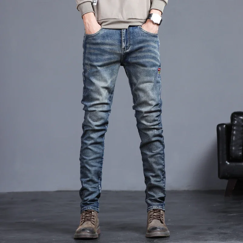 

2024 New Autumn Winter Men's Jeans Vintage Blue Solid Color Elastic Classic Jeans Men Slim Fashion Denim Trousers Male 27-38