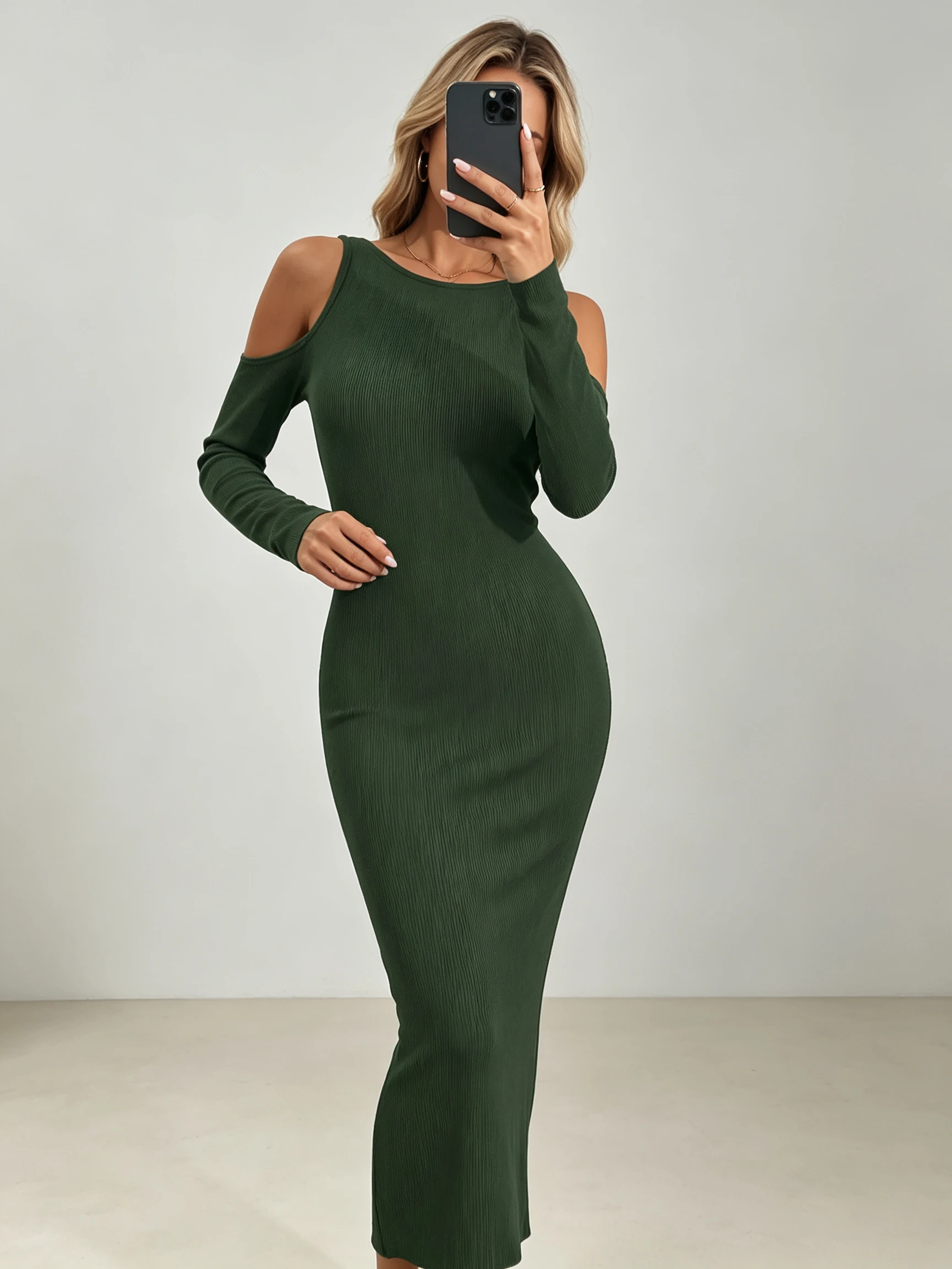 Women's Cold Shoulder Long Sleeve Ribbed Knit Midi Dress Slim Fit Solid Elegant All Seasons Office Work Daily Casual Party Wear