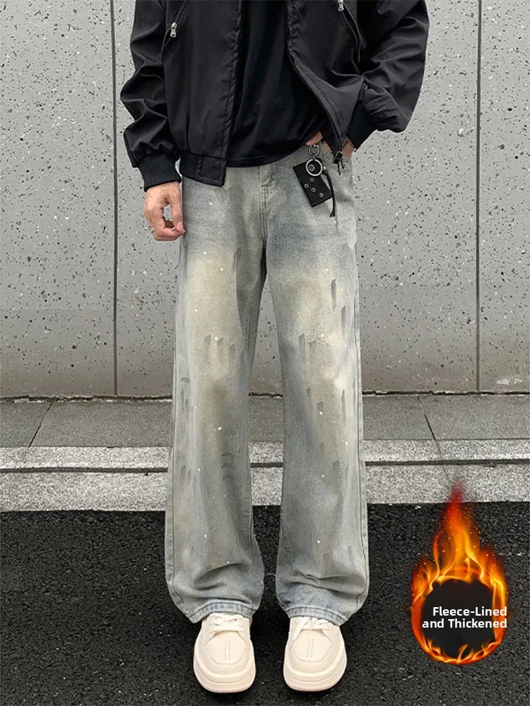 

American Sle fiti Faded Jeans Men's Autumn Winter Fce Wide Leg Straight Cut Trousers Casual Wear Youth Faion