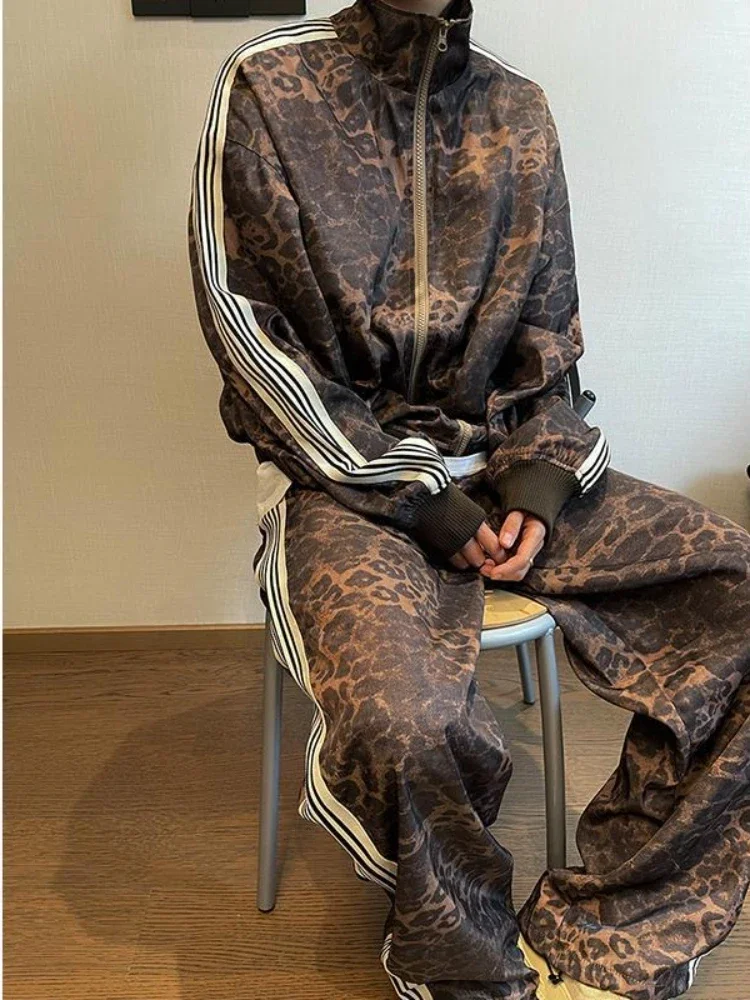 Y2K American retro leopard stitching striped slacks men\'s 2024 new Harajuku hip-hop fashion sweatpants mopping pants street wear