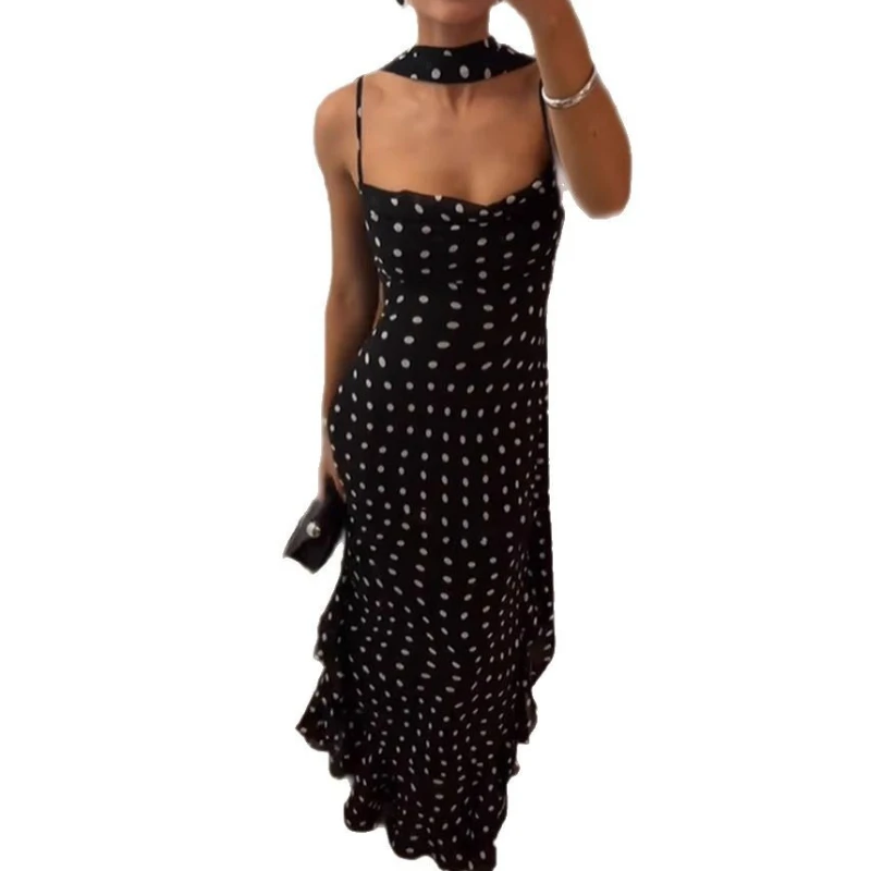 2025 Summer New Temperament Luxury Sleeveless Polka Dot Scarf Collar Ruffle Slip Dress