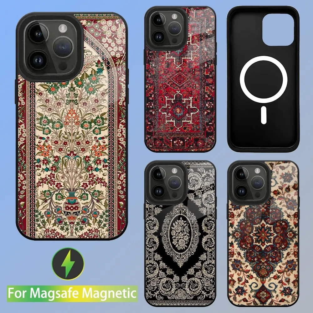 Persian Carpet Floral Pattern Phone Case For iPhone 16,15,14,13,12,11,Plus,Pro,Max Mini Magsafe Magnetic Wireless Charging