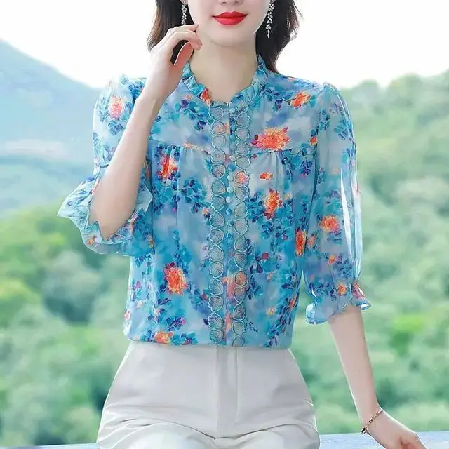 

Summer New KoreanThin Heavy Industry Printed Shirt Lantern Sleeve Bottoming Blouse Half Sleeve Shirt for Women's Tops