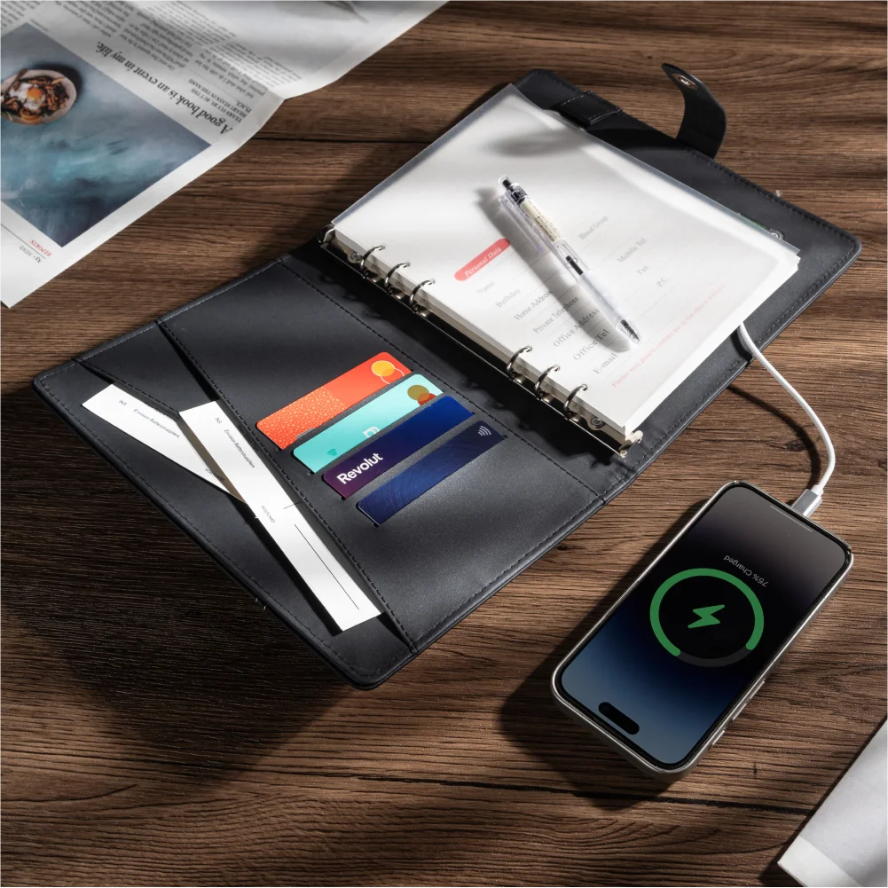 فكرة هدية احترافية - دفتر ملاحظات كهربائي مزود بفتحات للبطاقات وشحن USB للطلاب أو المسافرين أو التنفيذيين