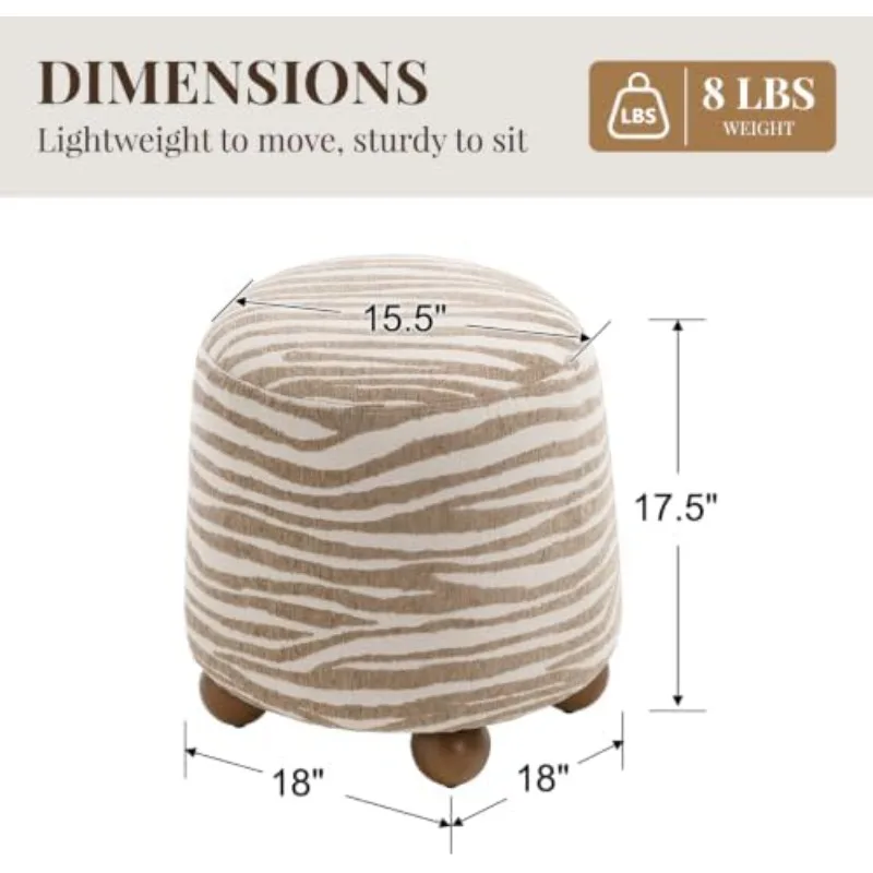 Round Ottoman for Living Room Boho Foot Stool with Rubberwood Legs | Modern Small Textured Oatmeal Striped Pattern