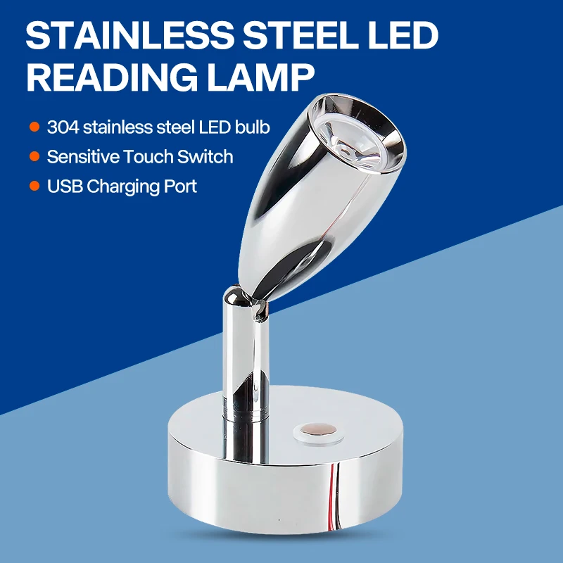 

RV Reading Lamp LED Stainless Steel 12V 24V On-Board Nightstand Table Lamp Touch Switch USB Interface Wall Lamp
